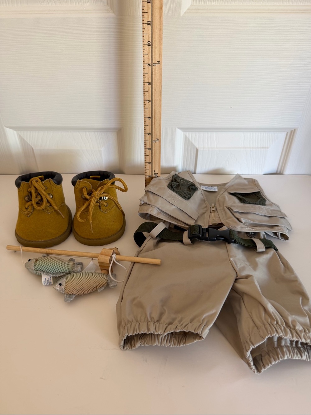 Build A Bear BAB Fishing Outfit vest pants with suspenders boots pole and 2 fish